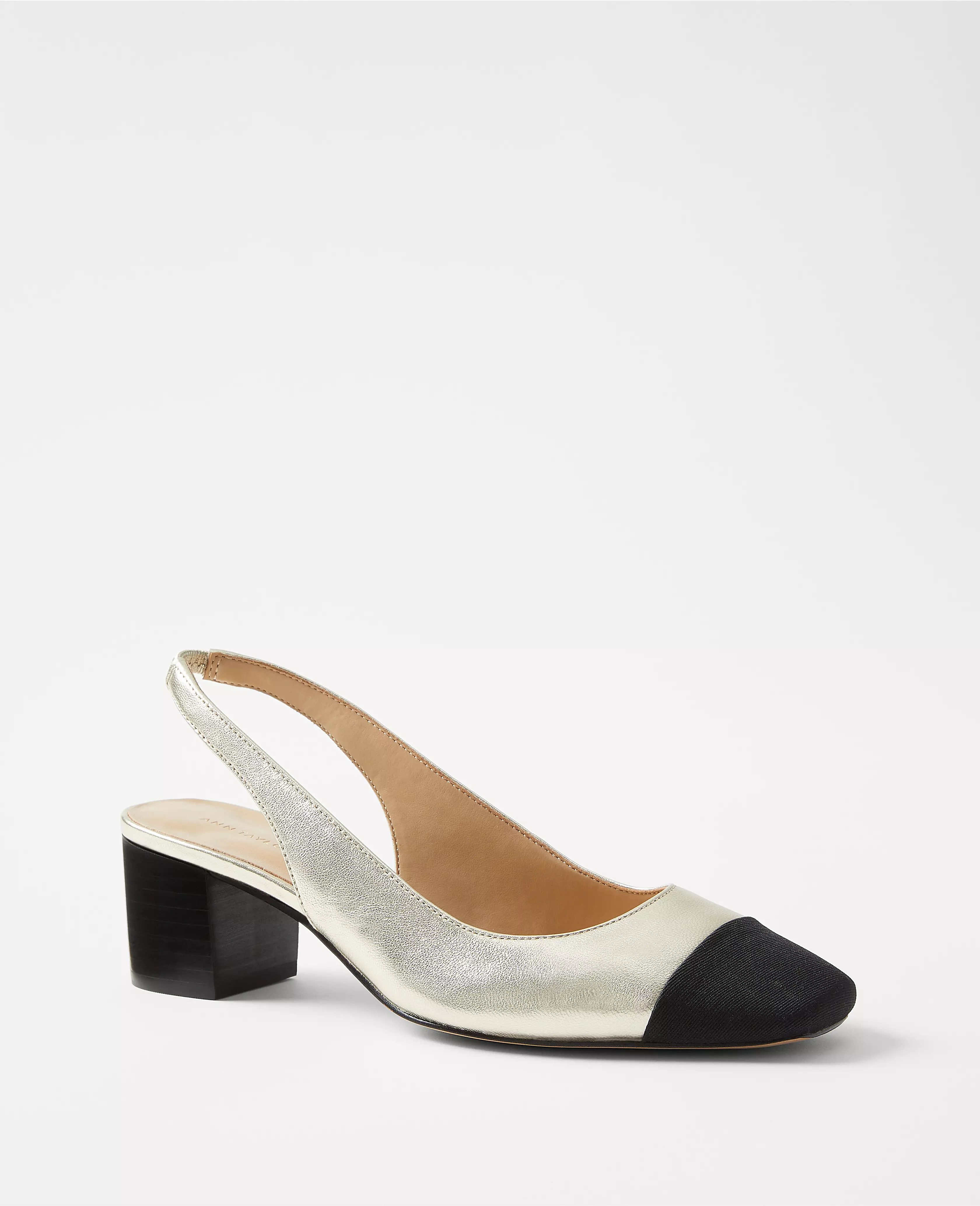 Metallic Leather Cap Toe Block Heel Slingback Pumps | Ann Taylor (US)