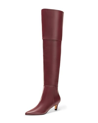 Coutgo Women's Knee High Boots Kitten Low Heel Pointed Toe Tall Long Boots Fall Winter Shoes, Burgundy PU, Size 7.5 | Amazon (US)