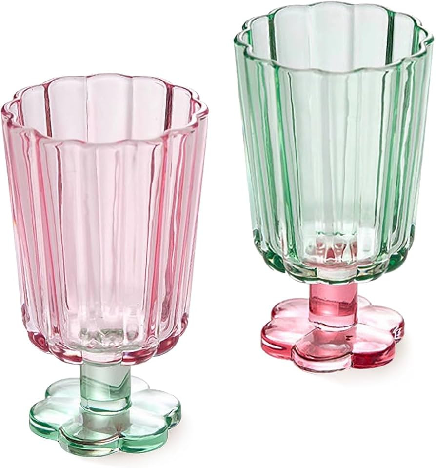 Tall Ripple Drinking Glasses Set of 2 (Pink & Green), Flower Petal Style Glass Goblet, Suitable f... | Amazon (US)