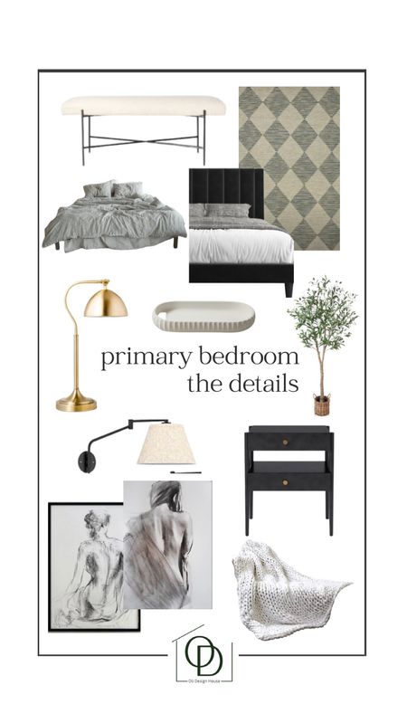 Primary bedroom design boards featuring a tufted panel headboard, swing arm reading light sconces, brass table lamps, charcoal sketch art, diamond pattern area rug, striped linen duvet cover set, chunky knit throw blanket, metal and Sherpa bench from Studio McGee x Threshold, faux olive tree, black 2 drawer nightstands, and a fluted cement catch all tray. Total room cost - $1977.00

Rug sale, bedframe sale, headboard sale, modern bedroom, moody bedroom, #competition 

#LTKFind #LTKsalealert #LTKhome