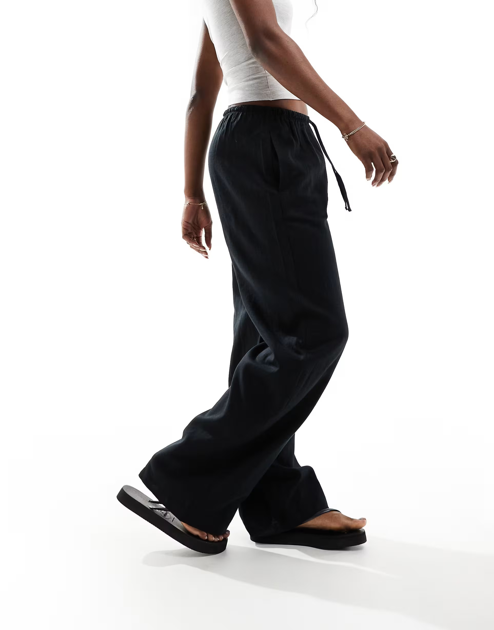 Bershka tie waist wide leg linen trousers in black | ASOS (Global)