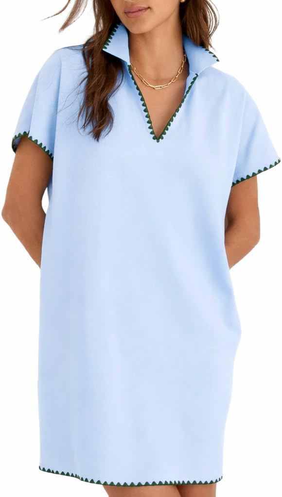 VAOYIU Women Polo Shirt Dress with Contrast RIC Rac Trim Loose Fit Lapel V Neck Short Sleeve Mini... | Amazon (US)