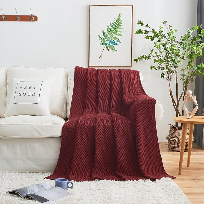 Longhui bedding Wine Red Knitted Throw Blanket for Couch, Cozy Machine Washable 100% Cotton Sofa ... | Amazon (US)