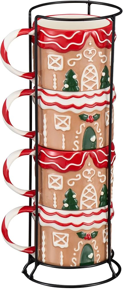 Christmas Gingerbread 4-Piece 12.2-Oz Ceramic Stoneware Stackable Mug Set With Metal Rack | Amazon (US)