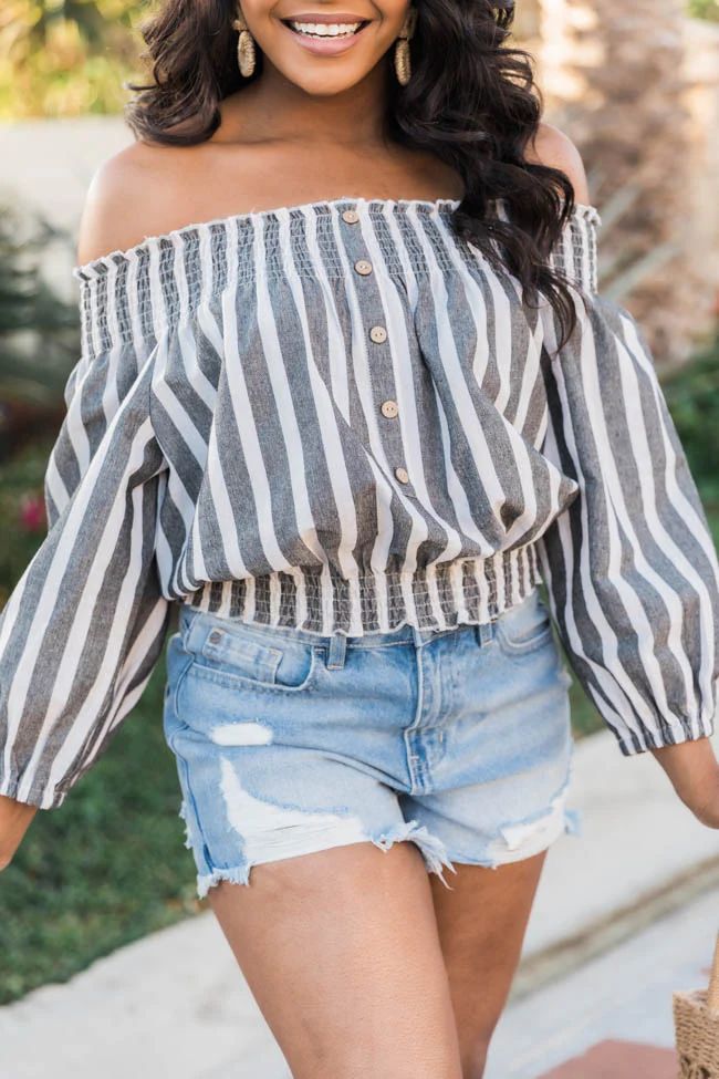 Someday You'll See Stripe Off The Shoulder Black Blouse FINAL SALE | The Pink Lily Boutique