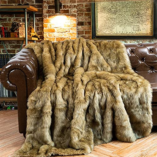 BATTILO HOME Luxury Golden Faux Fur Blanket, 60"x 80" Large Fur Throw Blankets for Bed, Couch, Soft Warm, Fuzzy, Fluffy, Golden with Back Tipped Blanket, Reversible to Plush Velvet | Amazon (US)