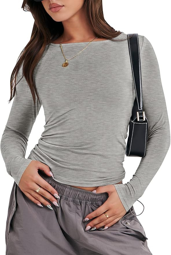 ANRABESS Women’s Long Sleeve Shirts Tight Fitted Going Out Crop Tops Crewneck Basic Tee Y2k Out... | Amazon (US)