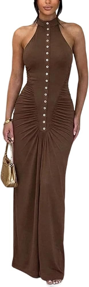 Ekaliy Women's Sexy Halter Maxi Dress Sleeveless Bodycon Ruched Long Dresses Summer Party Cocktai... | Amazon (US)