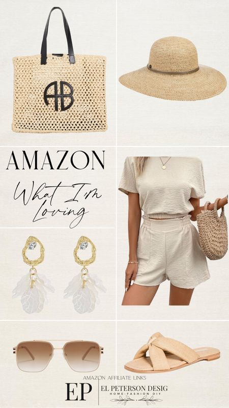 Straw purse
Straw hat
Sandals
Earrings
Sunglasses
2 piece outfit 

#LTKstyletip