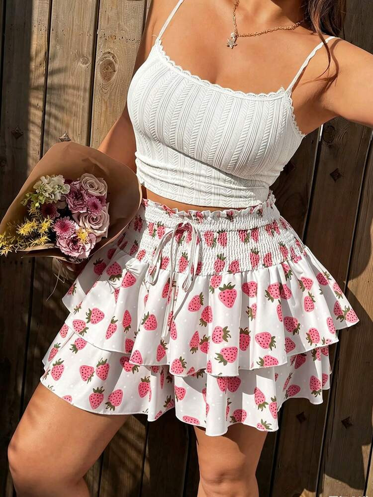 Sunnyshic Plus Size Strawberry Print Elastic Waist Double Ruffle Hem Shorts Skirt | SHEIN