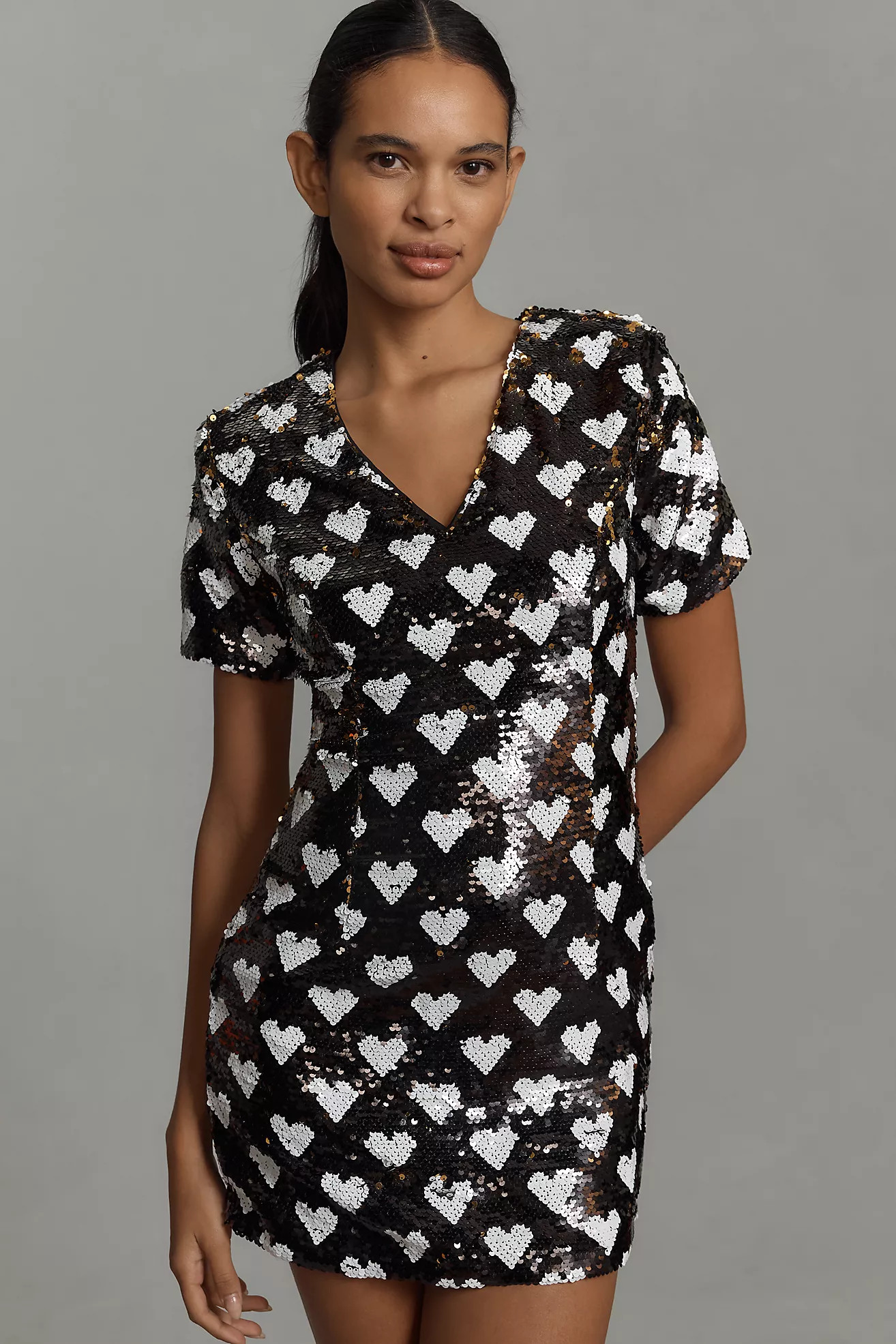 Endless Rose Short-Sleeve V-Neck Sequin Shift Mini Dress | Anthropologie (US)