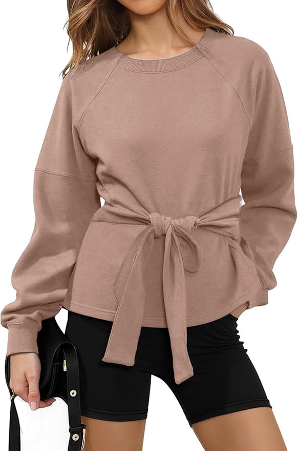 Zhiyouni Women's Long Sleeves Shirt Tops Casual 2026 Fall Fashion Crewneck Tie Knot Sweatshirt Pu... | Amazon (US)