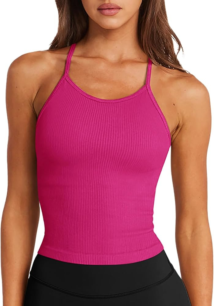 LASLULU Womens Sports Bra Seamless Long Crop Tank Racer Back Spaghetti Strap Workout Yoga Bra Pad... | Amazon (US)
