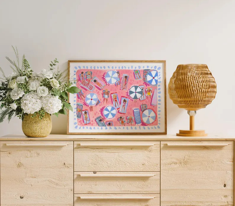 Pink Beach Watercolor Art Print: Blue Umbrellas, Coastal Artwork | Etsy (US)