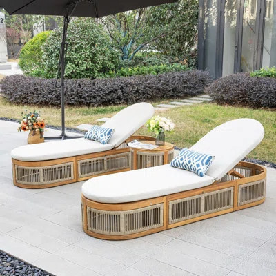 Karyne Acacia Reclining Outdoor Chaise Lounge Set With Cushions And Table | Wayfair North America