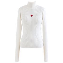 Little Heart High Neck Fitted Knit Top in White | Chicwish
