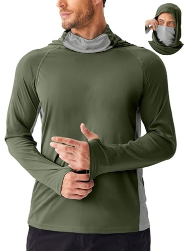Men's Sun Protection Hoodie with Mask UPF 50+ Fishing Shirts for Men - UV Long Sleeve Shirt Men for Running Athletic Workout M Army Green | Amazon (US)