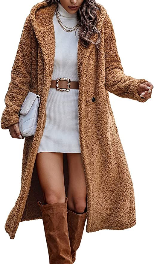 PRETTYGARDEN Women's Winter Coats Fuzzy Fleece Long Hooded Jackets Button Down Faux Fur Warm Outw... | Amazon (US)