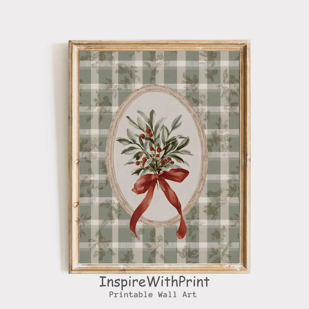 Vintage Christmas Botanical Print, Plaid Christmas Red Berries Wall Art, Farmhouse Christmas Prin... | Etsy (US)