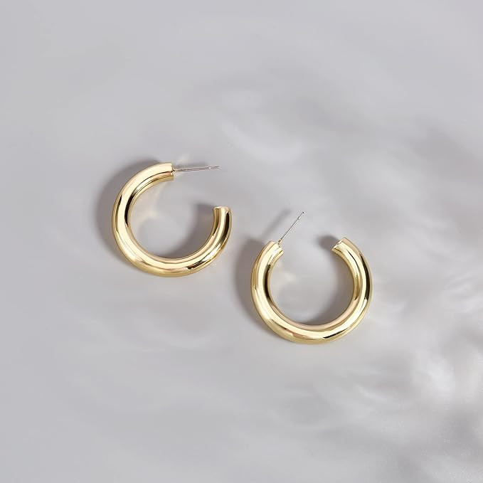 Chunky Gold Hoops Earrings for Women Thick 18K Real Gold Plated Open Hoop Lightweight | Amazon (US)