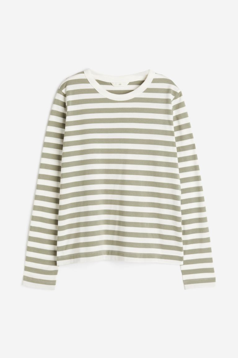 Cotton jersey top - Light khaki green/Striped - Ladies | H&M GB | H&M (UK, MY, IN, SG, PH, TW, HK)