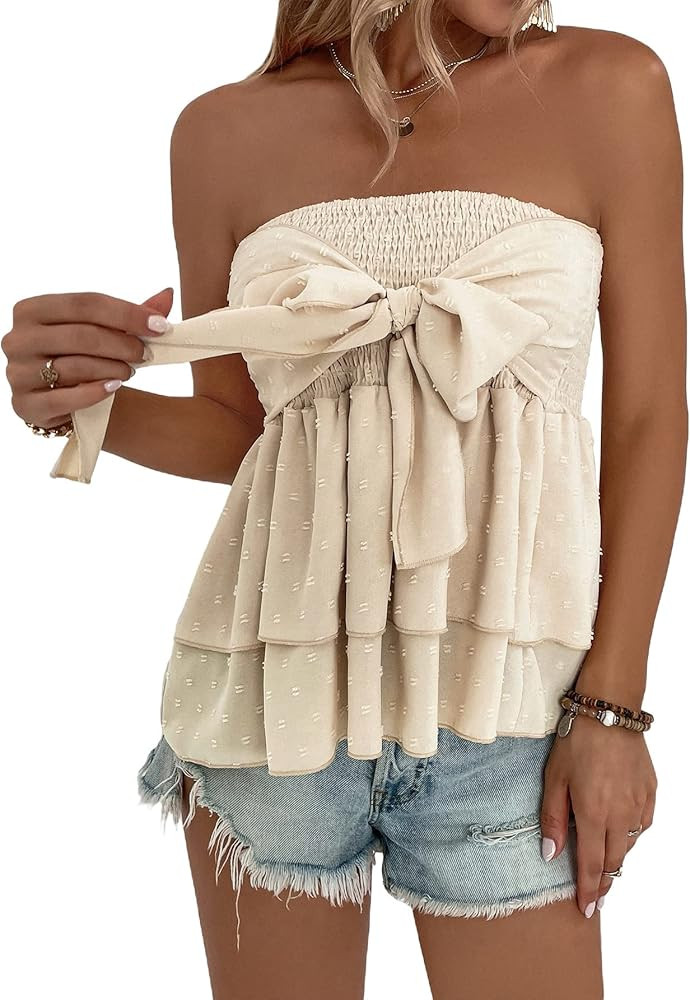 SOLY HUX Women's Shirred Knot Tiered Ruffle Tube Top Sleeveless Strapless Peplum Blouse Tops | Amazon (US)