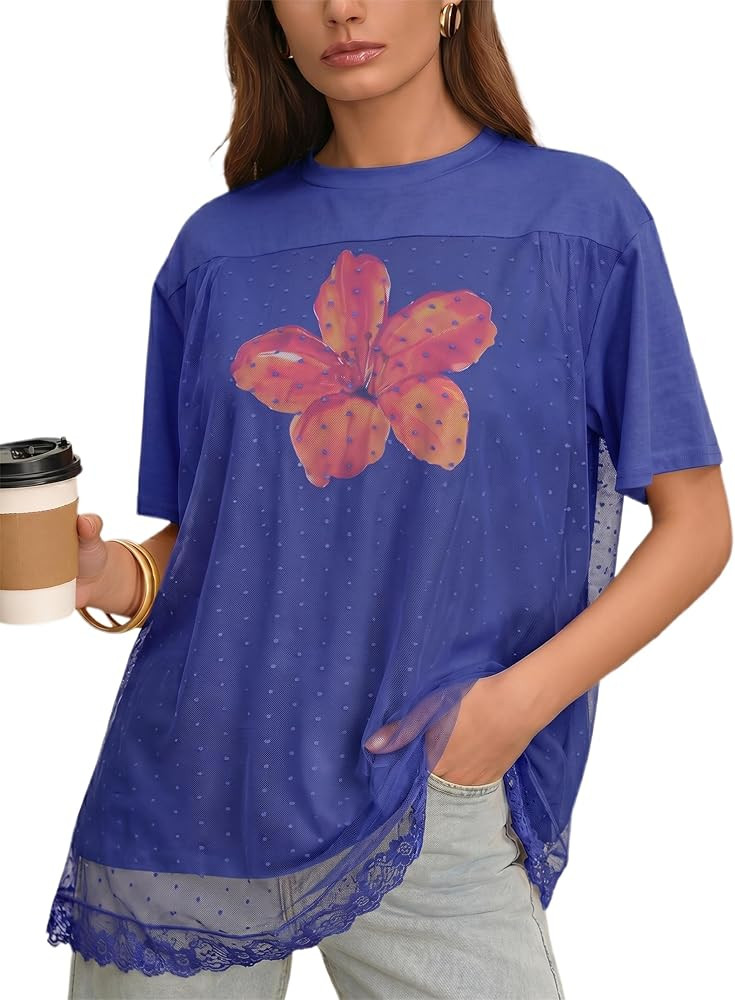 CSDAJIO Trendy Crew Neck Oversized T Shirts for Women Short Sleeve Loose Graphic Tee Summer Lace ... | Amazon (US)