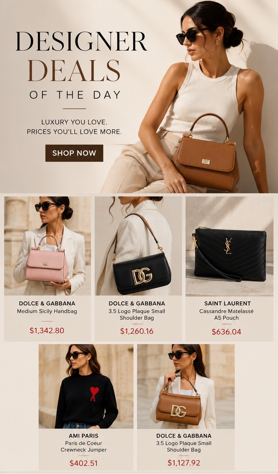 Designer deals of the day featuring Dolce & Gabbana handbags, Saint Laurent accessories, and AMI Paris fashion. Discover luxury handbags, designer shoulder bags, crossbody bags, elevated wardrobe essentials, luxury fashion finds, discounted designer pieces, and investment-worthy accessories. Perfect inspiration for luxury fashion lovers, handbag collectors, designer outfit ideas, and luxury shopping on a budget.

Designer handbags, luxury handbags, Dolce & Gabbana Sicily bag, Dolce & Gabbana shoulder bag, Saint Laurent pouch, YSL bag, AMI Paris sweater, luxury sale, designer clearance, luxury fashion deals, handbag trends 2026, luxury accessories, designer wardrobe, luxury style inspiration, fashion influencer finds, LTK fashion creator, Pinterest fashion trends, luxury shopping finds, designer gift ideas, affordable luxury.

#LTKSaleAlert