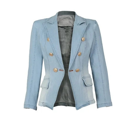 Fayshow0 Deals Up to 50% off Womens Jean Jackets Lightweight Women s Casual Solid Color Denim Slim Double Breasted Button Denim Suit Jacket Light Blue XL | Walmart (US)