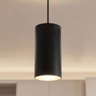 Cylinder Collection 6 in. 1-Light Black LED Modern Outdoor Pendant Hanging Light | The Home Depot