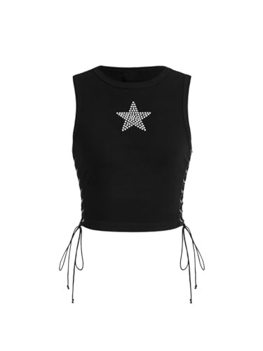 SOLY HUX Women's Tank Tops Y2K Sleeveless Ribbed Star Crop Tank Top Summer Going Out Tops Black Rhinestone Small | Amazon (US)