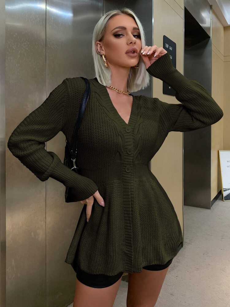 Cable Knit Button Front Ruffle Hem Cardigan | SHEIN