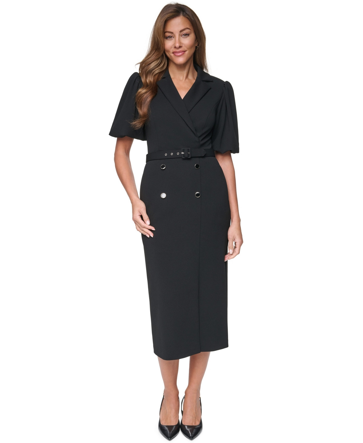 Eliza J Women's Puff-Sleeve Short-Sleeve Sheath Midi Dress - Black | Macy's