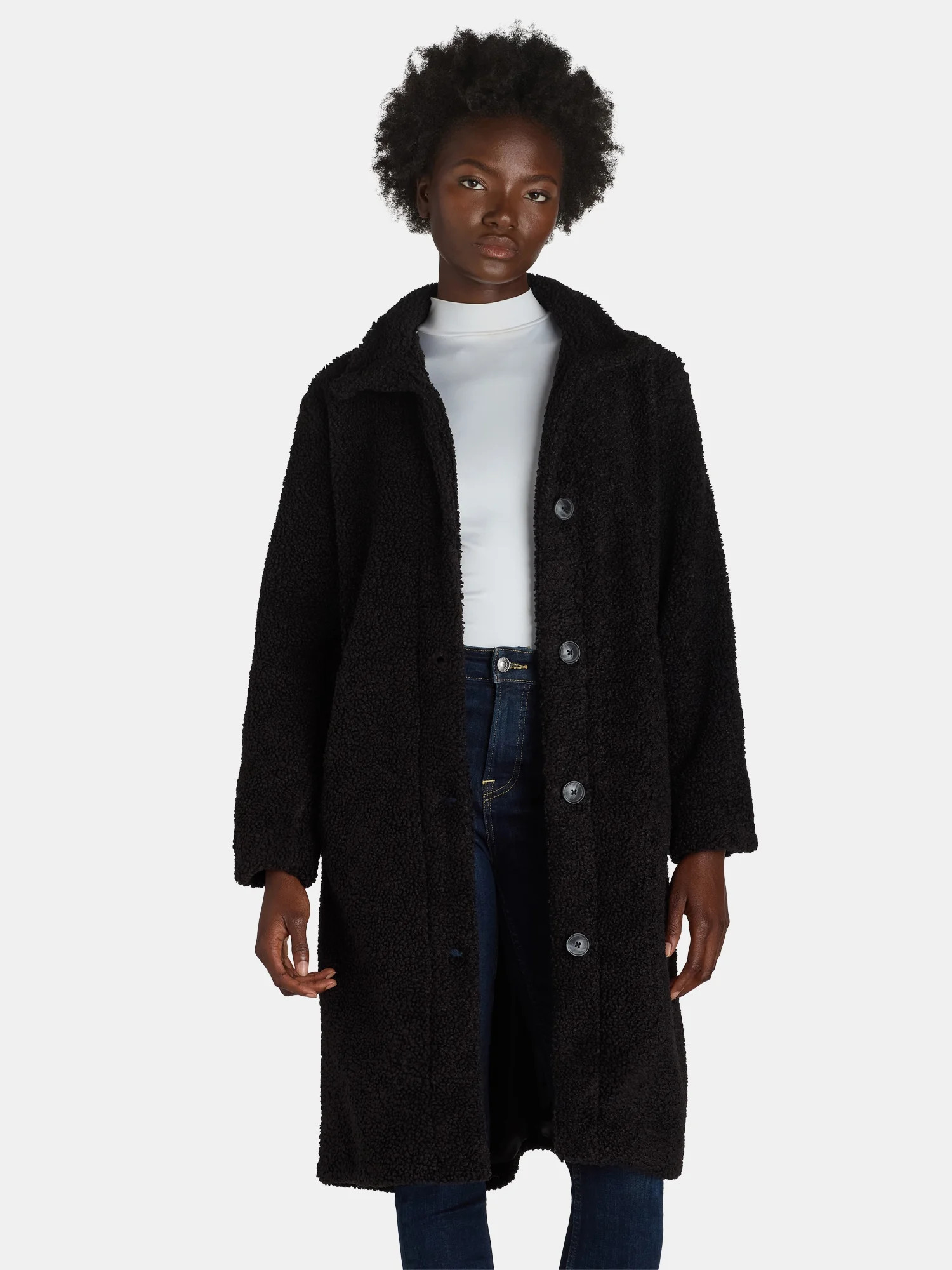 Time and Tru Women's and Women's Plus Teddy Fleece Coat with Funnel Neck, Sizes XS-3X | Walmart (US)