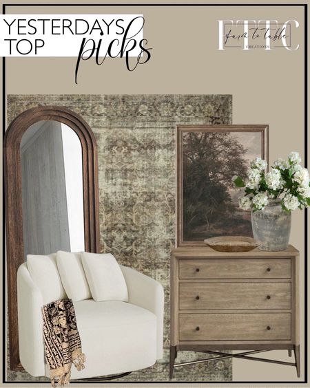 Yesterday’s Top Picks. Follow @farmtotablecreations on Instagram for more inspiration.

Magnolia Home By Joanna Gaines X Loloi Sinclair Machine Washable Pebble / Taupe Area Rug. Regan Metal Nightstand. Hotham Handmade Terracotta Table Vase. Handmade Throw Handblock print Throw Cotton Throw Blanket Sofa Décor Room Décor Tassels Block print. 25" Faux Snowball Flower in Cream/Green, Real Touch Flowers, Faux Botanicals. Vintage Stone Bowl - Rustic Bowl - Accent Bowl - Primitive Bowl. Vintage Rustic Landscape | Country Farmhouse oil Painting. Beautiful Drew Chair by Drew Barrymore, Cream. KIAYACI Arched Floor Mirror Wood Frame Wall Mounted Mirror Distressed Style Wide Frame Dressing Make Up Mirror. 

#LTKHome #LTKFindsUnder50 #LTKSaleAlert