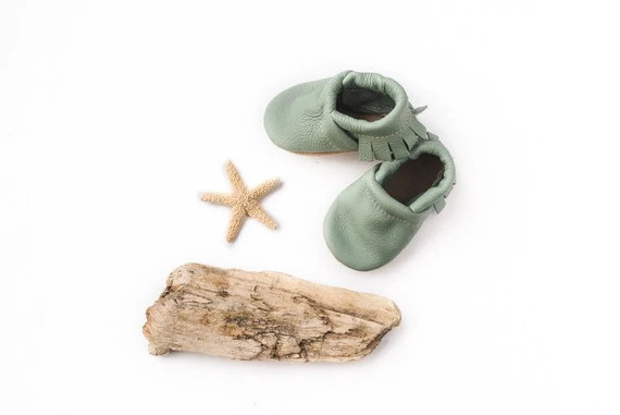BASICS//Mint Moccs Fringe Soft Soled Leather Moccasins Shoes Baby and Toddler  // Starry Knight D... | Etsy (US)
