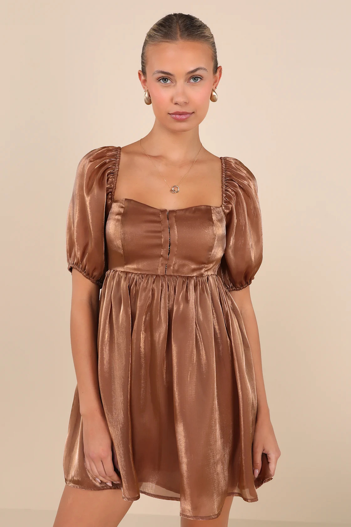Desired Delight Brown Puff Sleeve Babydoll Mini Dress | Lulus