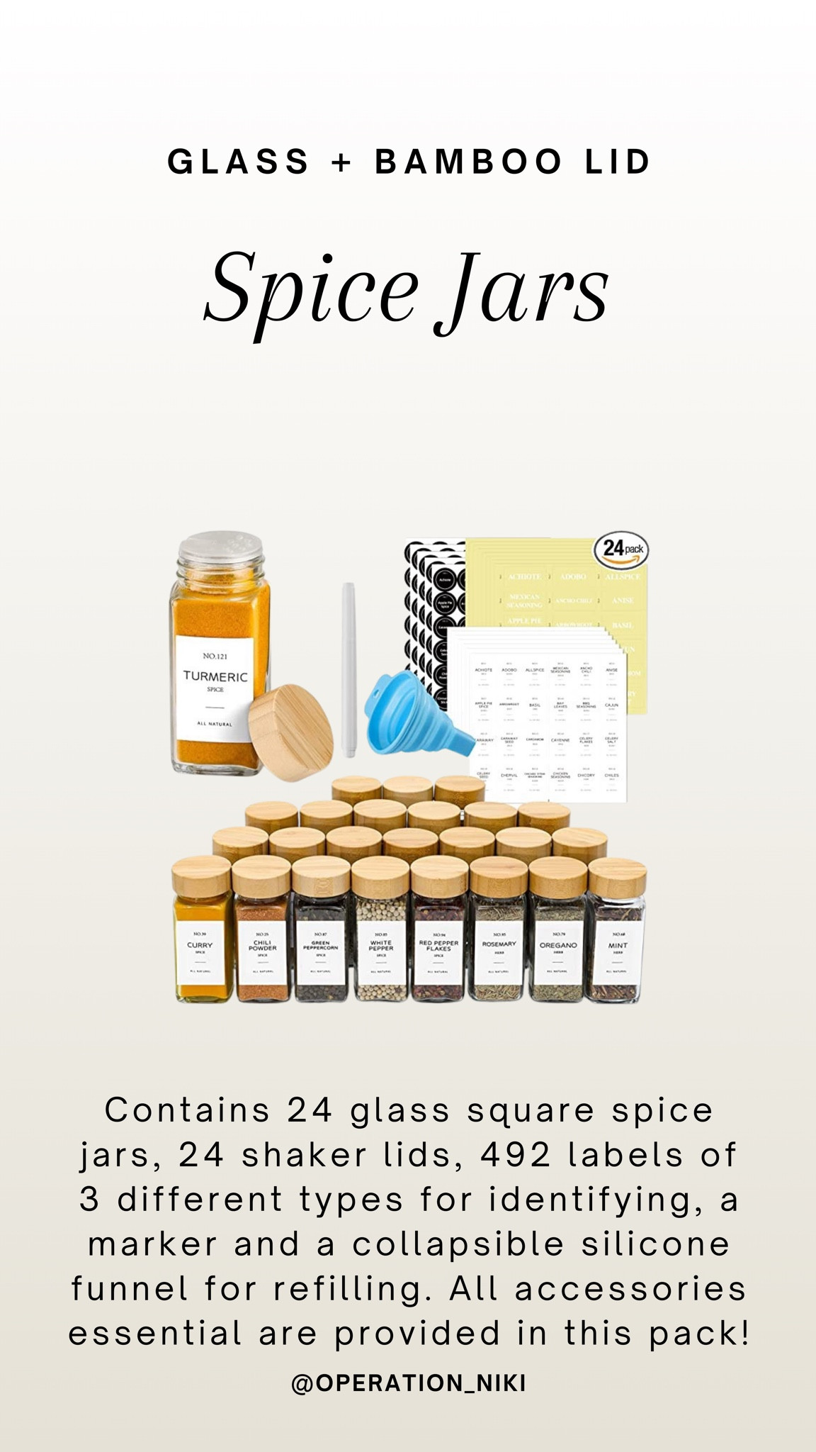 Contains 24 glass square spice jars, 24 shaker lids, 492 labels of 3 different types for identifying, a marker and a collapsible silicone funnel for refilling. All accessories essential are provided in this pack!

Follow for more @OPERATION_NIKI on IG, TikTok, & Facebook

sahm, kitchen essentials, dinner tips, cooking hack, kitchen, home, meal prep, meal ideas, salt pepper dispensers, dinner ideas, favorite kitchen appliances

#LTKFindsUnder100 #LTKHome #LTKFindsUnder50