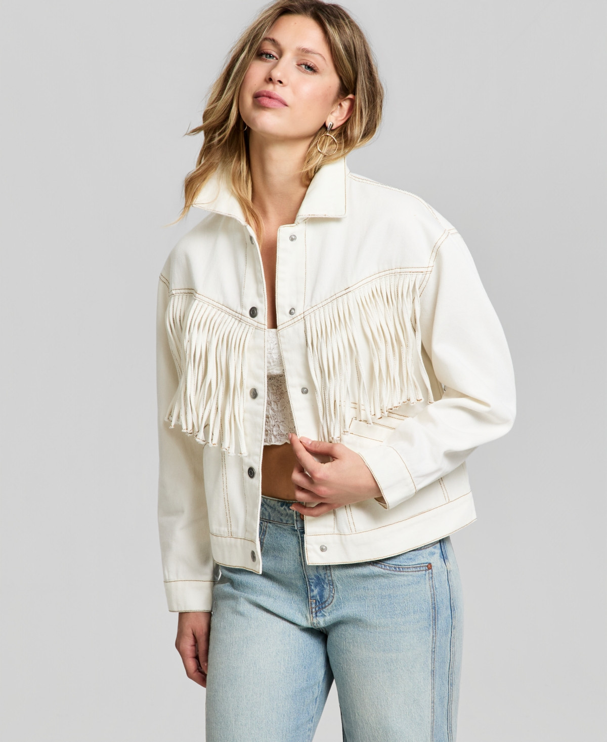 And Now This Petite White Denim Fringe Jacket, Macy's Exclusive - Calla Lily | Macy's