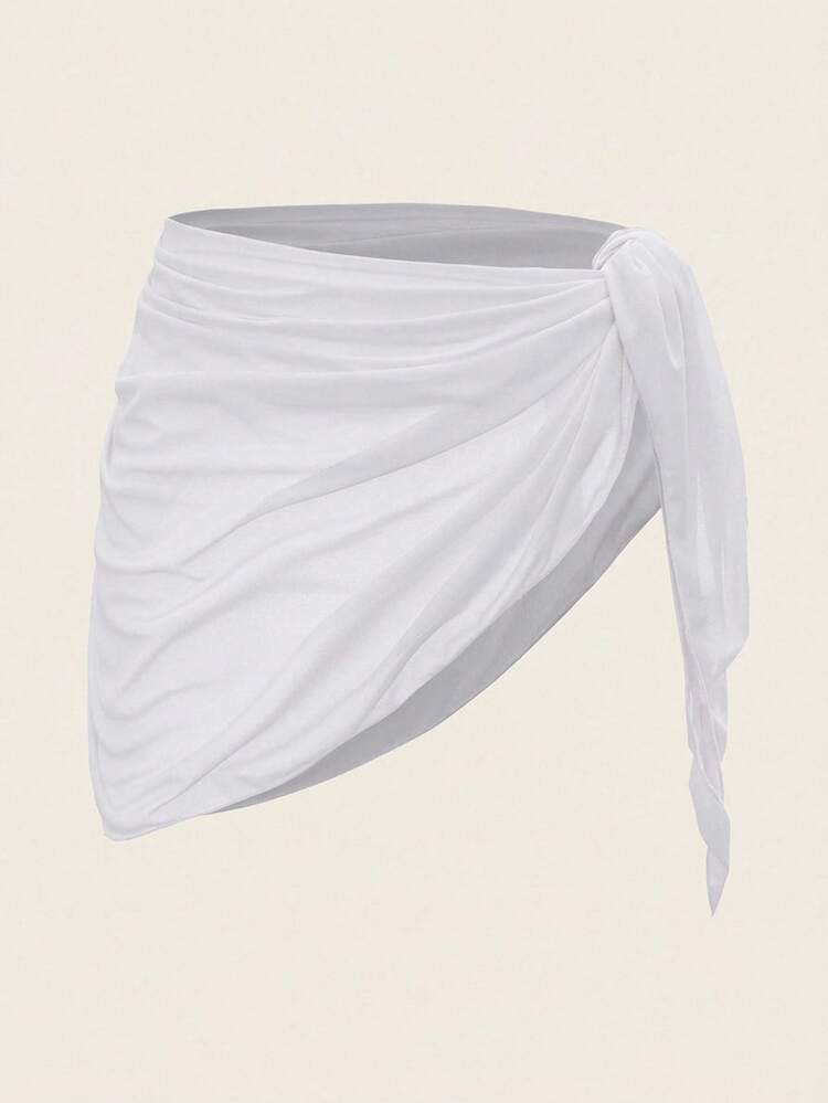 Swim Basics Women's Solid Color Side Knot Cover-Up & Mini Skirt Set, Vacation | SHEIN