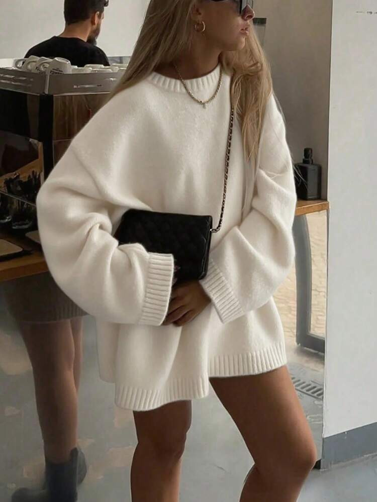 Plus Size Fall Winter New Elegant High-End Chic Women's Sweater,Long Sleeve Solid Color Round Nec... | SHEIN