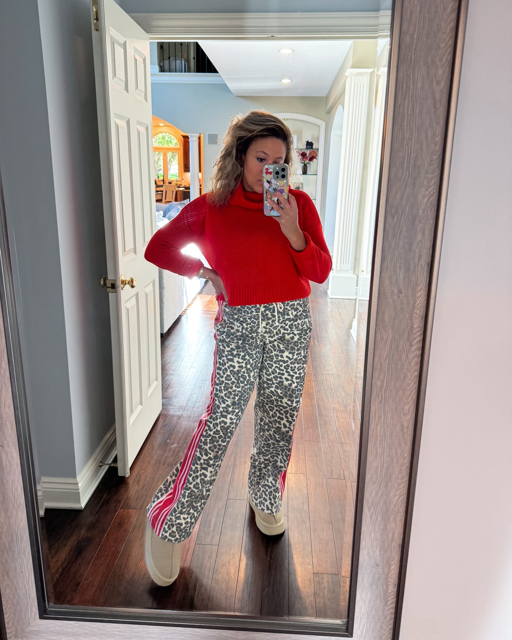 Leopard jean pull on pants. Ugg d u p e slippers. Amazon finds. Pink lily. Casual ootd. Fall outfit. 