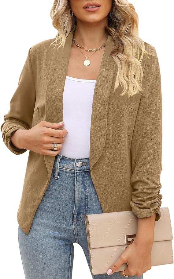 POGTMM Women 3/4 Sleeve Blazer Open Front Cardigan Jacket Work Office Blazer | Amazon (US)