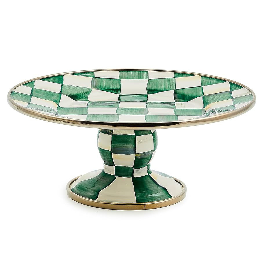 MACKENZIE-CHILDS Enamel Pedestal Platter, Round Cake Stand, Mini, Green-and-White Emerald Check | Amazon (US)