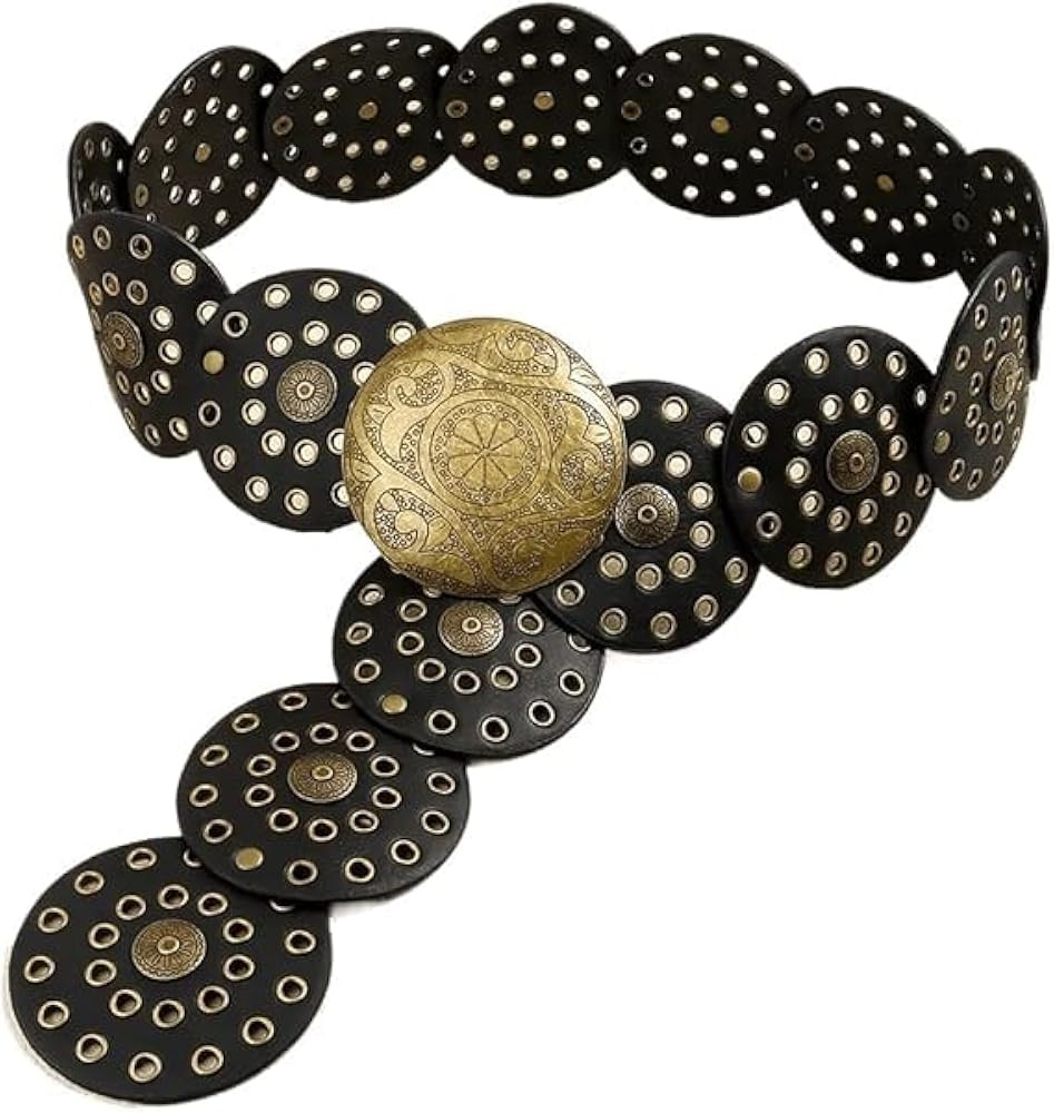 Women Wide-Disc Western-Belts - Vintage Hollow-Rivet Cowgirl-Boho-PU-Leather-Belt for Dress Jeans | Amazon (US)