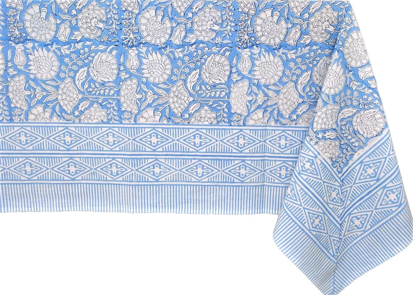 ATOSII 'Azora' Blue 100% Cotton Rectangle Tablecloth, Handblock Floral Print Linen Table Cloth fo... | Amazon (US)