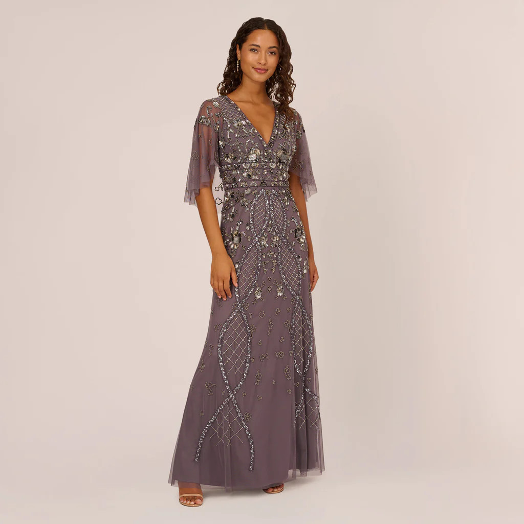 Sequin Beaded Gown With Sheer Cape Sleeves In Moonscape | Adrianna Papell