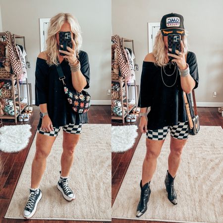 2 looks with checkered shorts and black tee 🏁✨🖤
•Tee sized up
•Shorts are linked in my story or you can comment SHOP & I’ll send link to you. 
•Sneaks I sized up 
•Boots are true to size 
•Tank under tee is M/L 
•Crochet bag @oikoshandmade on IG save with code MM10 
•Leather bag is @bedstu

#LTKFestival #LTKstyletip #LTKover40