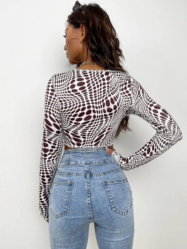 Allover Print Lace Up Front Crop Top | SHEIN