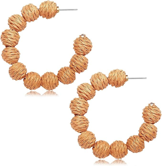 Rattan Earrings Statement Rattan Hoop Earrings for Women Woven Bohemian Earrings Handmade Straw W... | Amazon (US)